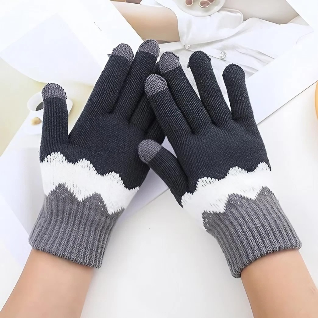 Manusi de Dama, , Model Ondulat, Functie Touchscreen (ecran tactil), Material Acril Tricotat, Manseta Elastica, Interior Catifelat, Marime Universala, Gri/Alb - imagine 4