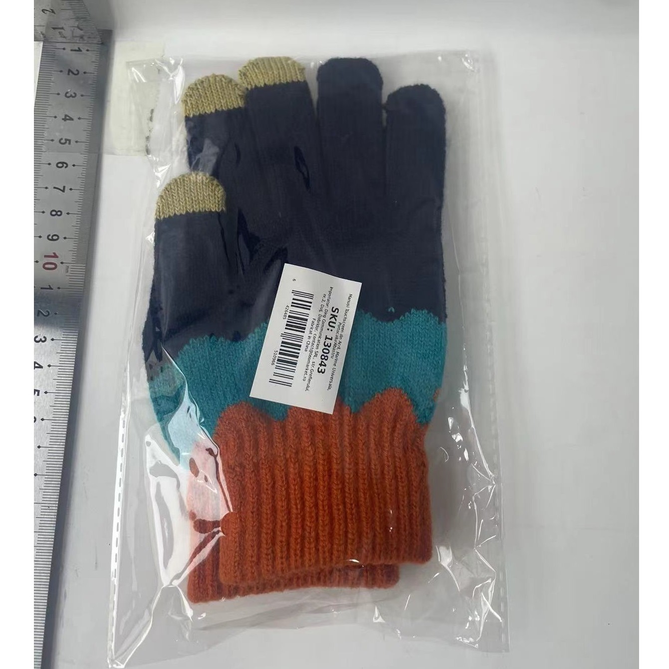 Manusi de Dama, , Model Ondulat, Functie Touchscreen (ecran tactil), Material Acril Tricotat, Manseta Elastica, Interior Catifelat, Marime Universala, Portocaliu/Albastru - imagine 2