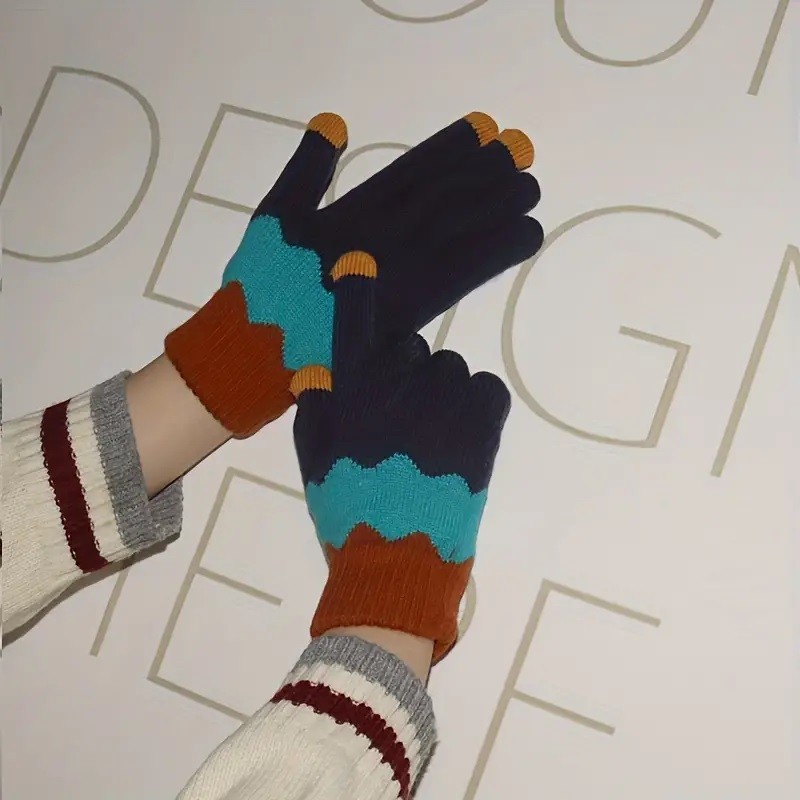 Manusi de Dama, , Model Ondulat, Functie Touchscreen (ecran tactil), Material Acril Tricotat, Manseta Elastica, Interior Catifelat, Marime Universala, Portocaliu/Albastru - imagine 3