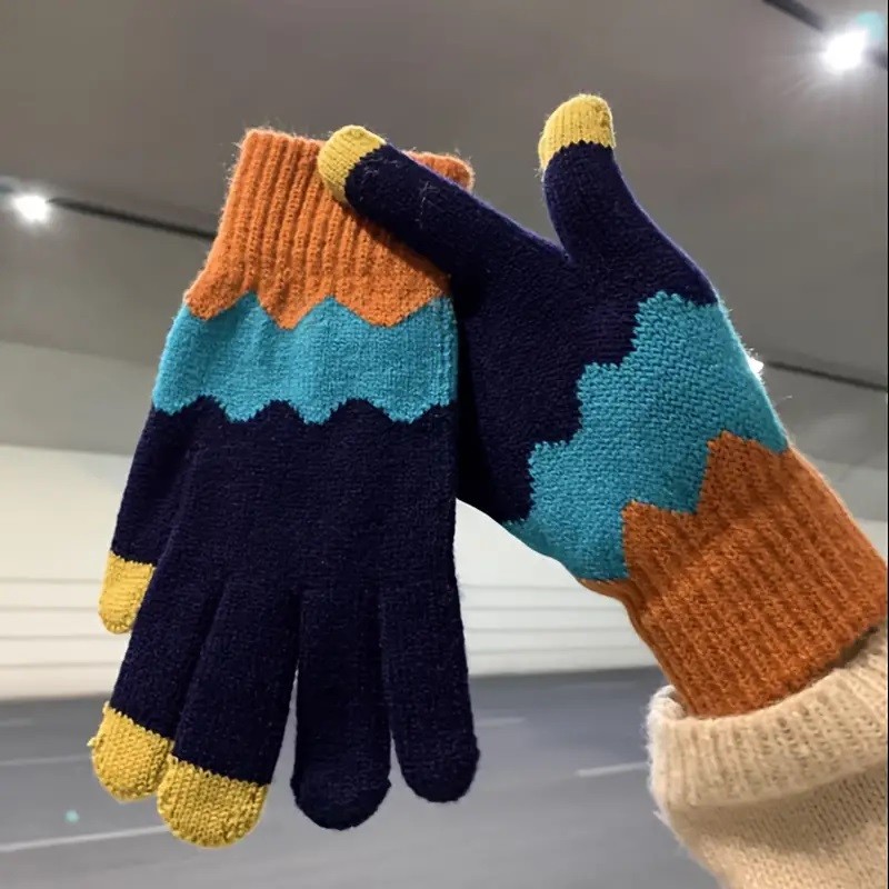 Manusi de Dama, , Model Ondulat, Functie Touchscreen (ecran tactil), Material Acril Tricotat, Manseta Elastica, Interior Catifelat, Marime Universala, Portocaliu/Albastru - imagine 4