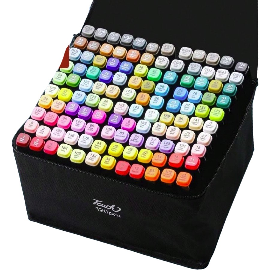 Markere cu Alcool Touch Room, , Paleta mare Set de 120+ de Culori, Capat Lat si Capat Precis, Geanta Inclusa, Multicolor