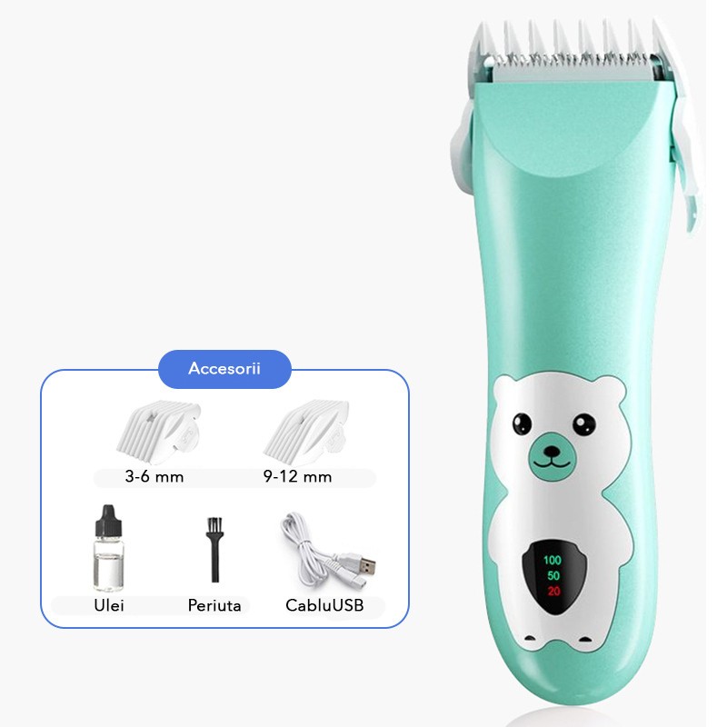 Masina De Tuns Bebelusi si Copii, , Display Digital, Lame Cermice si Inox, Fara Fir, Functie Anti Taiere, Silentios, 50 W, Rezistent la Apa, 2 Accesorii, Incarcator USB, Model Ursulet, Verde - imagine 2