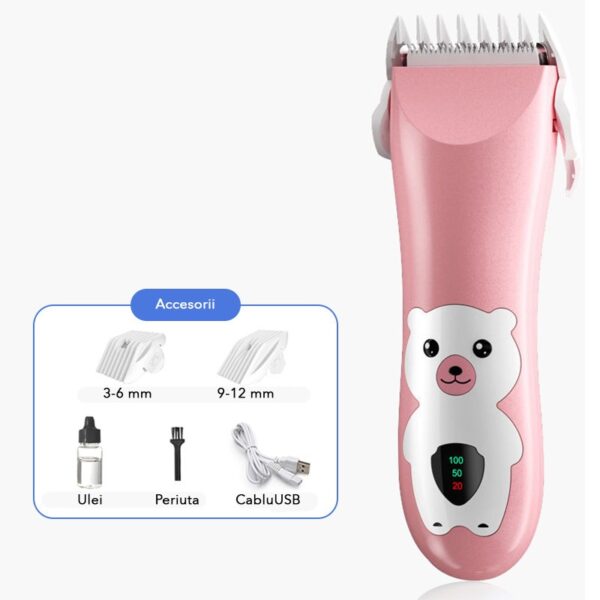 Masina De Tuns Bebelusi si Copii, , Display Digital, Lame Cermice si Inox, Fara Fir, Functie Anti Taiere, Silentios, 50 W, Rezistent la Apa, 2 Accesorii, Incarcator USB, Model Ursulet, Roz - imagine 2