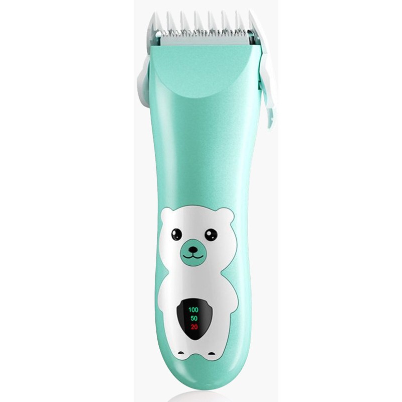Masina De Tuns Bebelusi si Copii, , Display Digital, Lame Cermice si Inox, Fara Fir, Functie Anti Taiere, Silentios, 50 W, Rezistent la Apa, 2 Accesorii, Incarcator USB, Model Ursulet, Verde