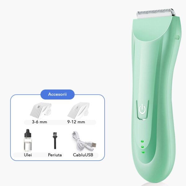 Masina De Tuns Bebelusi si Copii, , Lame Cermice si Inox, Fara Fir, Functie Anti Taiere, Silentios, 50 W, Rezistent la Apa, 2 Accesorii, Incarcator USB, Verde deschis - imagine 2