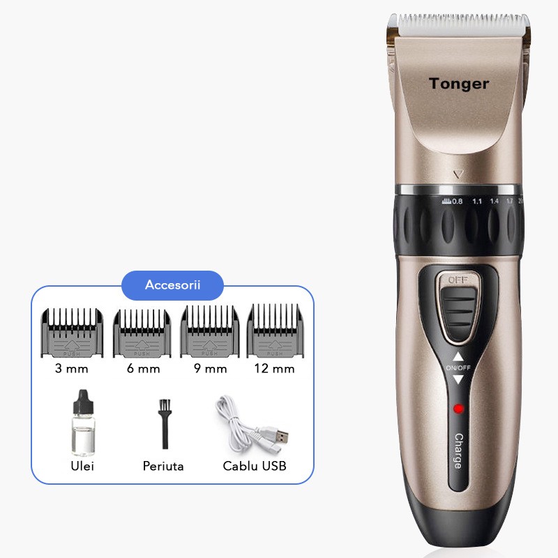 Masina De Tuns Bebelusi si Copii, , Lame Cermice si Inox, Fara Fir, Functie Anti Taiere, Silentios, 50 W, 4 Accesorii, Incarcator USB, Gold Negru - imagine 2