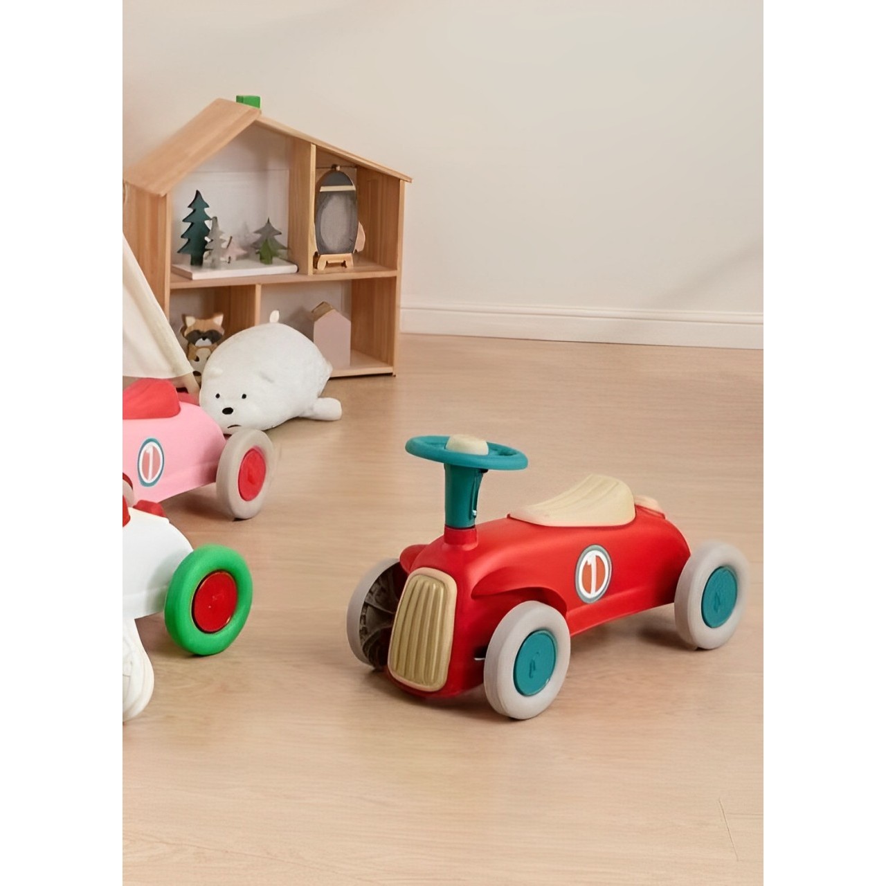 Masinuta Ride-On , cu Sistem Anti-Rasturnare, Claxon pe Volan, 1-6 Ani, 60 x 28 x 34 cm, Rosu-Crem - imagine 3