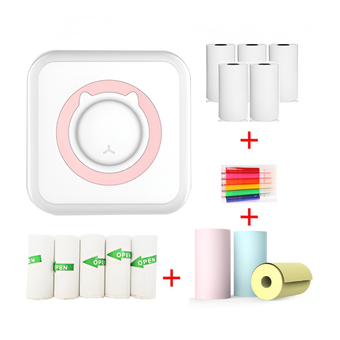 Mini Imprimanta Foto Portabila, , 5 Role de Hartie Termica, 5 Role Autocolante, 3 Role Colorate, Pixuri, Incarcare USB, Model Pisica, Alb Roz - imagine 4