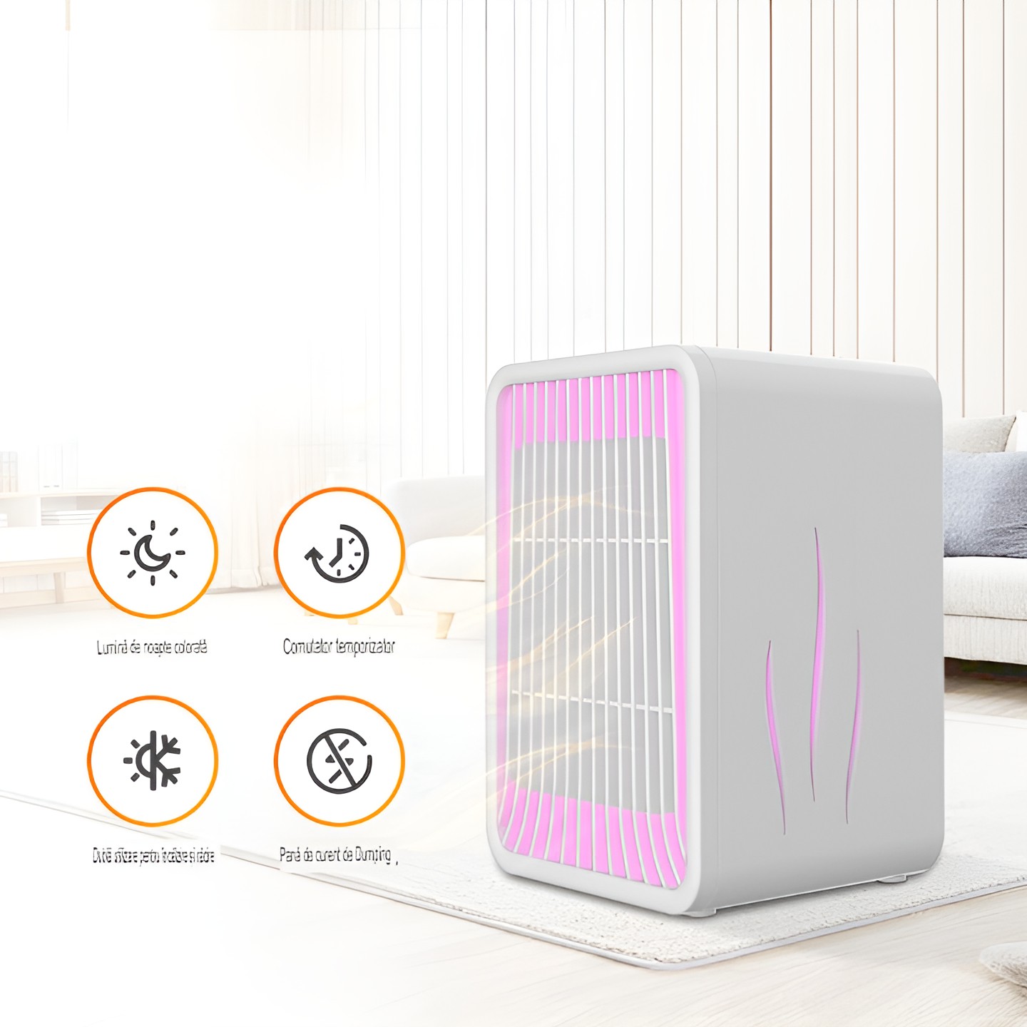 Mini Incalzitor pentru Birou, , Incalzire si Racire, 1000-1200W, cu Lumini, cu Maner, Lungime Cablu 1.5 m, 3 Trepte de Temperatura, 15.3x13.8x22.5 cm, Alb - imagine 3