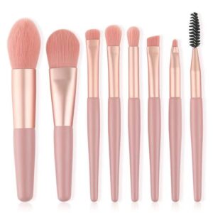 Mini set portabil 8 pensule de machiaj Roz,