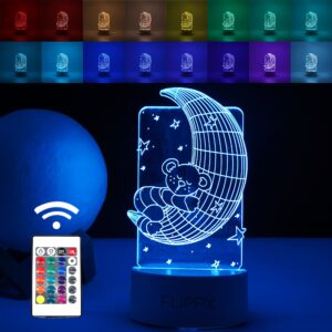 Lampa LED decorativa, , 3D, Ursulet si Semiluna, cu telecomanda, doua moduri de alimentare USB si baterii, 20 cm inaltime, din material acril si lumina multicolora, alb