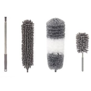 Mop din Microfibra pentru Curatenie, , Set 3 Capete Detasabil, Mop din Microfibra, Pamatuf pentru Praf, Mini Perie, Maner Extensibil, EVA, Impachetate in Sac cu Fermoar, Gri