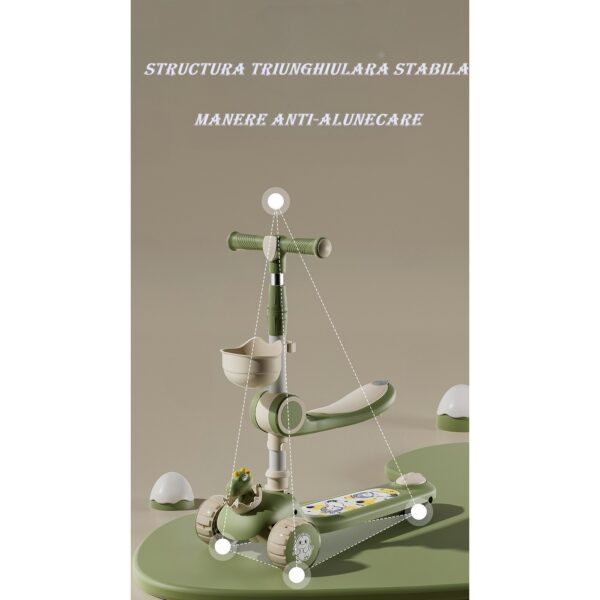 Trotineta Multifunctionala 3 in 1, , pentru Copii, 1-7 Ani, cu Lumini si Muzica, Reglabil 360, Pliere Usoara, Reglarea Inaltimii, Model Dinozaur, Bej/Verde - imagine 2