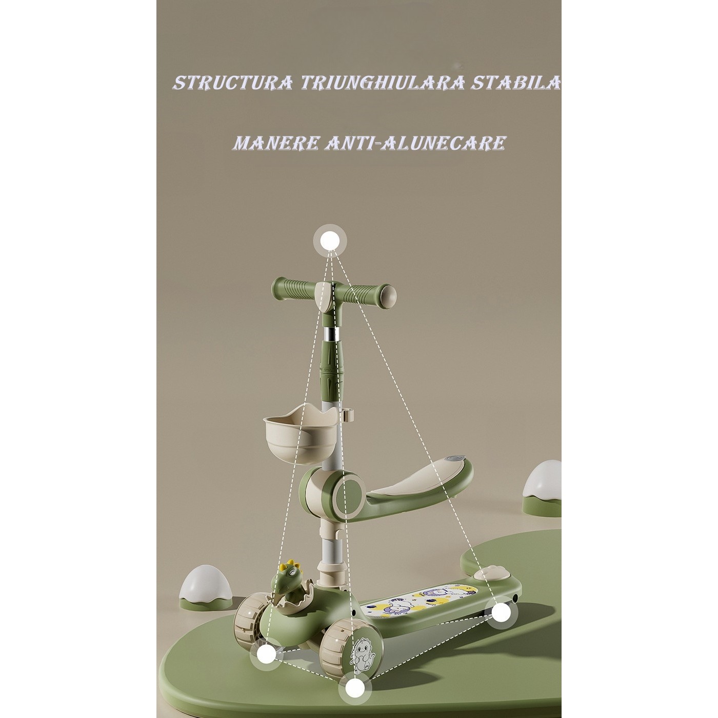 Trotineta Multifunctionala 3 in 1, , pentru Copii, 1-7 Ani, cu Lumini si Muzica, Reglabil 360, Pliere Usoara, Reglarea Inaltimii, Model Dinozaur, Bej/Verde - imagine 2