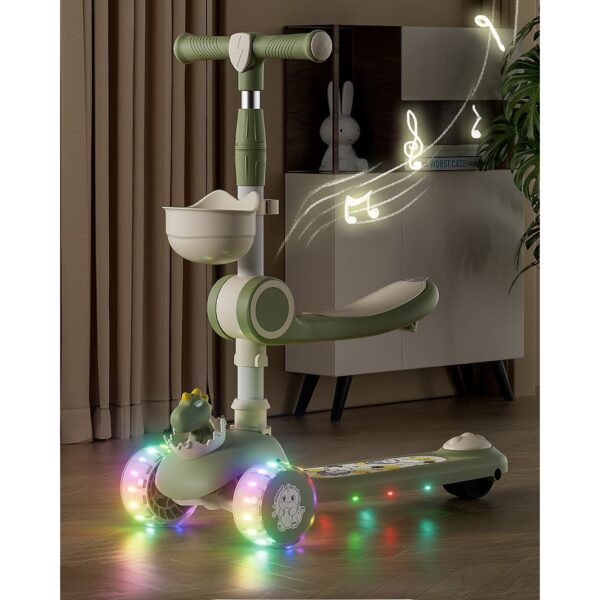 Trotineta Multifunctionala 3 in 1, , pentru Copii, 1-7 Ani, cu Lumini si Muzica, Reglabil 360, Pliere Usoara, Reglarea Inaltimii, Model Dinozaur, Bej/Verde - imagine 3