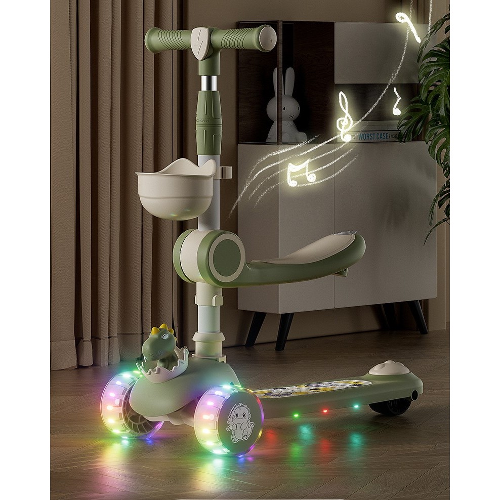 Trotineta Multifunctionala 3 in 1, , pentru Copii, 1-7 Ani, cu Lumini si Muzica, Reglabil 360, Pliere Usoara, Reglarea Inaltimii, Model Dinozaur, Bej/Verde - imagine 3