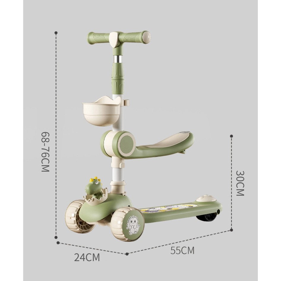 Trotineta Multifunctionala 3 in 1, , pentru Copii, 1-7 Ani, cu Lumini si Muzica, Reglabil 360, Pliere Usoara, Reglarea Inaltimii, Model Dinozaur, Bej/Verde - imagine 4