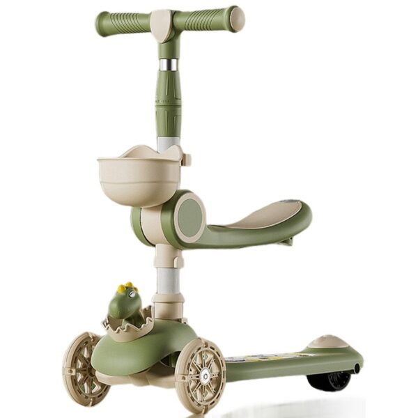 Trotineta Multifunctionala 3 in 1, , pentru Copii, 1-7 Ani, cu Lumini si Muzica, Reglabil 360, Pliere Usoara, Reglarea Inaltimii, Model Dinozaur, Bej/Verde