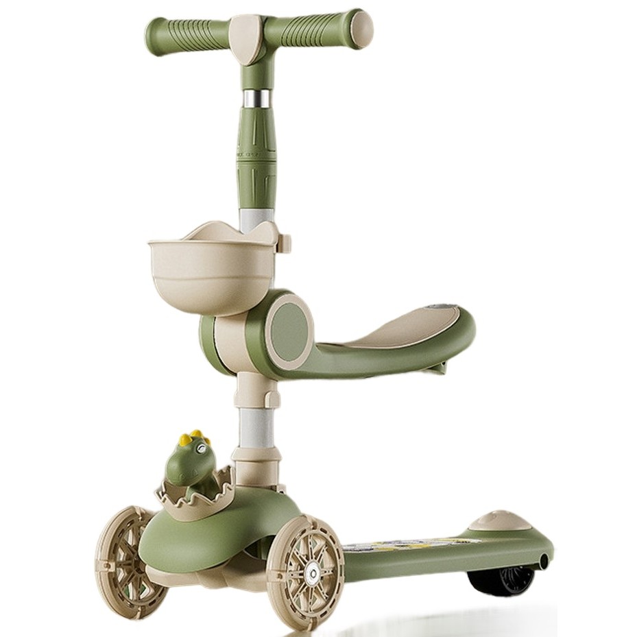Trotineta Multifunctionala 3 in 1, , pentru Copii, 1-7 Ani, cu Lumini si Muzica, Reglabil 360, Pliere Usoara, Reglarea Inaltimii, Model Dinozaur, Bej/Verde