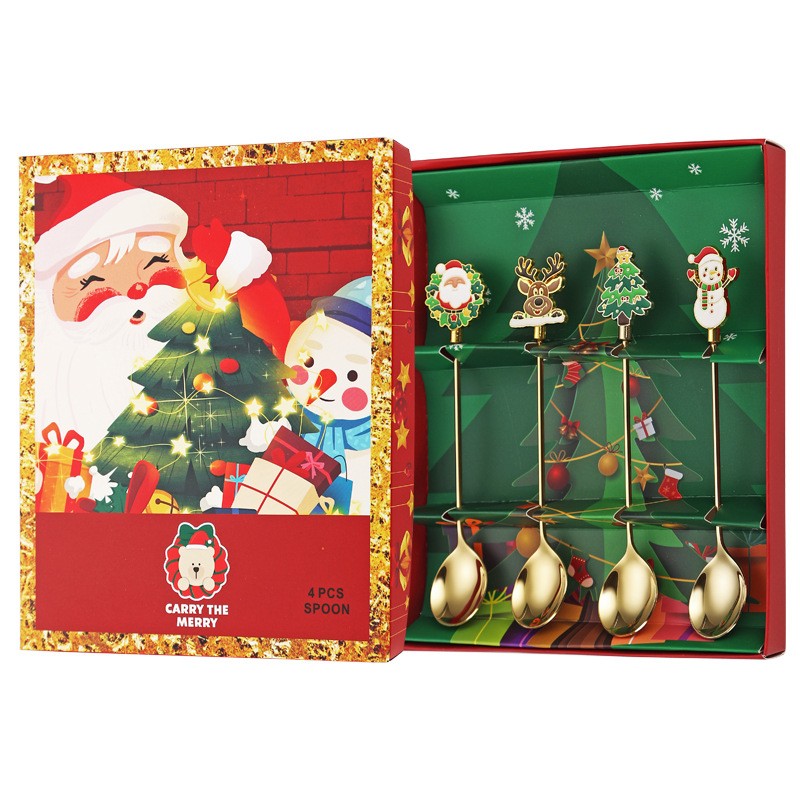 Set 4 Lingurite, , Tema Craciun, Model Carry The Merry, 4 Modele, din Otel Inoxidabil, 19.5 x 16 x 2 cm, Multicolor