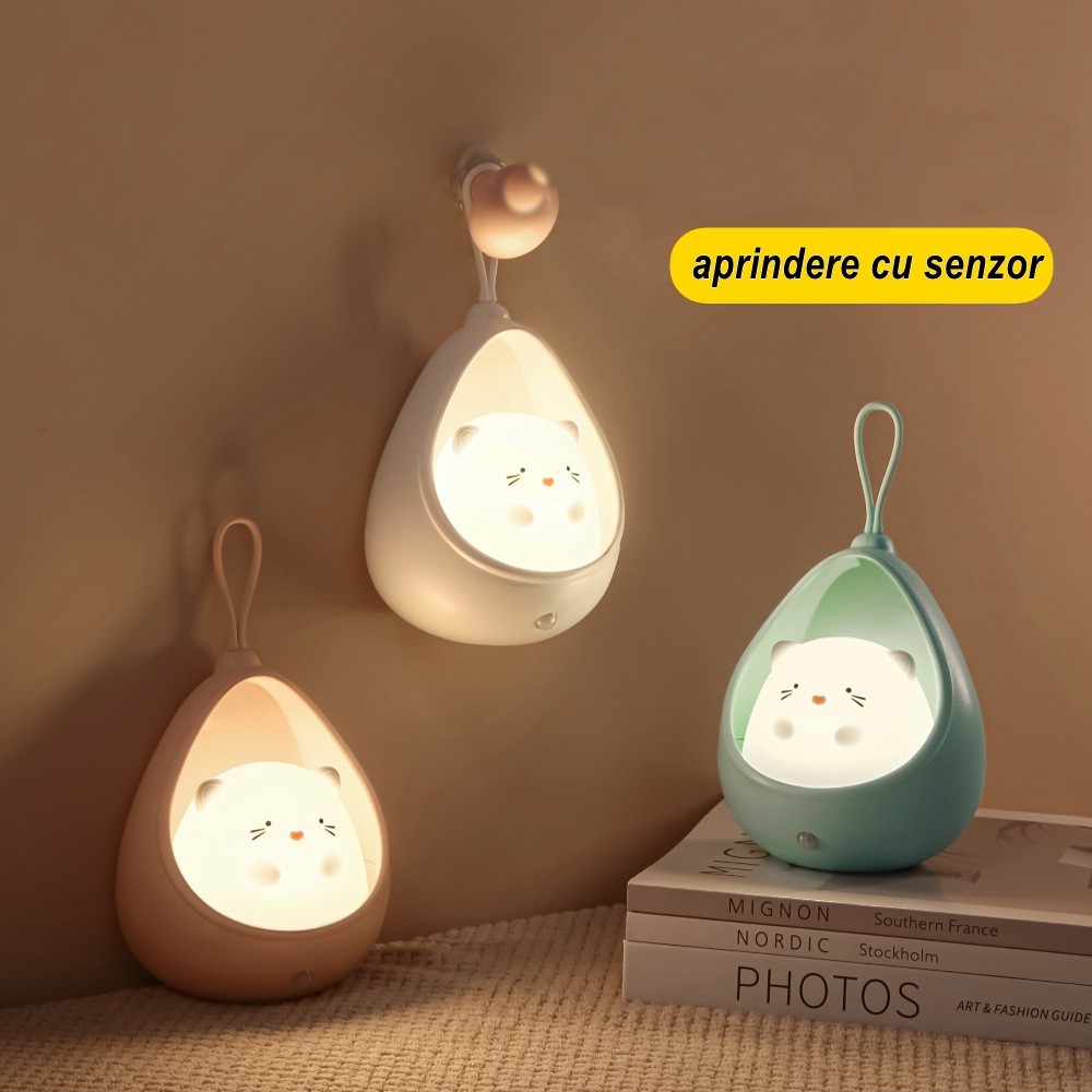 Lampa de veghe portabila cu 2 moduri de functionare , silicon non-toxic, reincarcabila USB, senzor miscare, alb, iepuras - imagine 2