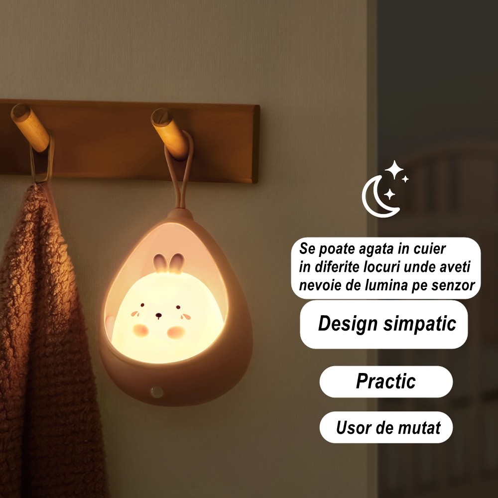 Lampa de veghe portabila cu 2 moduri de functionare , silicon non-toxic, reincarcabila USB, senzor miscare, alb, iepuras - imagine 3