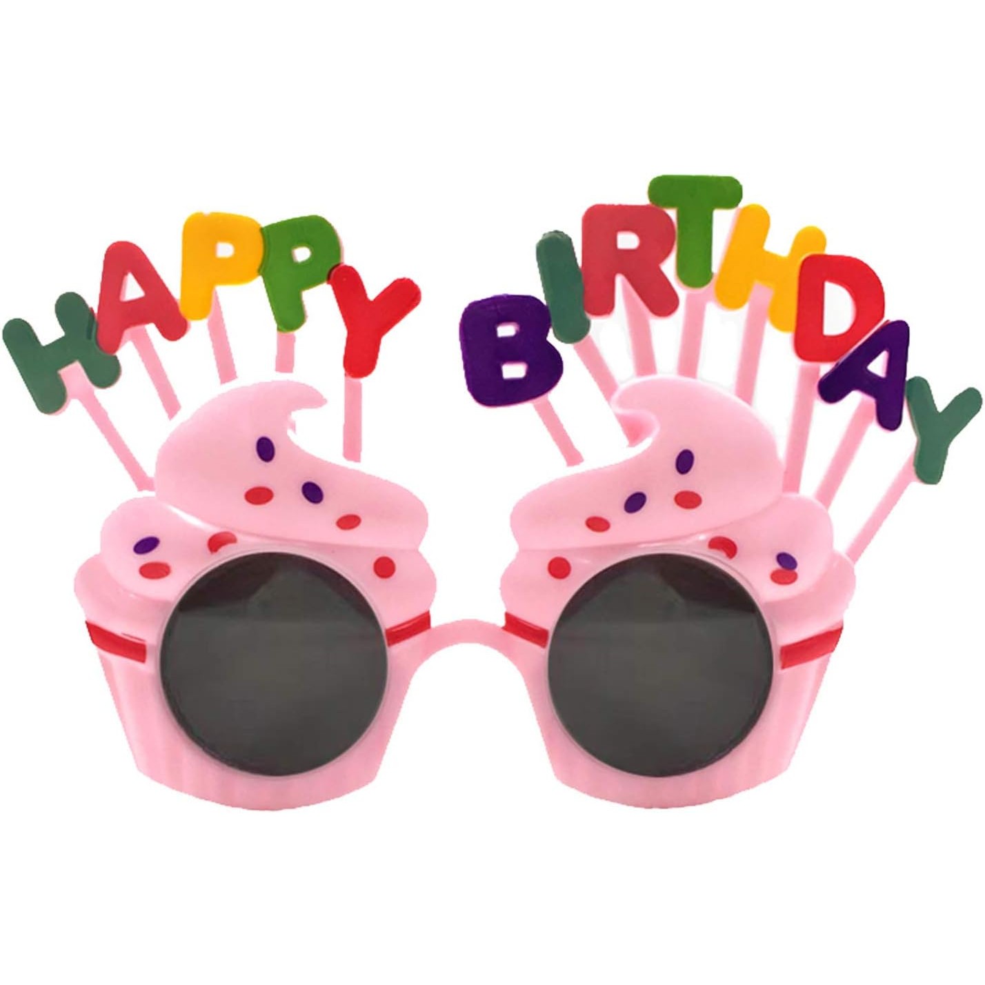 Ochelari Happy Birthday, , Tematica Aniversare, Protectie Soare, din Plastic, Model Prajiturele, 18.5x11.5 cm, Roz