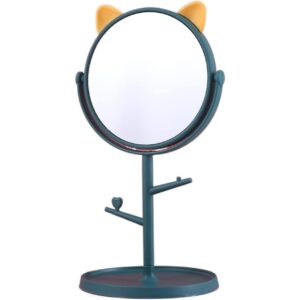 Oglina Cosmetica cu Picior, , HD, Rotire 360 Grade, 15 cm Diametru, Suport Bijuterii Baza Rotunda + 2 Brate, Model cu Urechi, 31 x 14.5 x 15 cm, din Plastic, Albastru/Galben