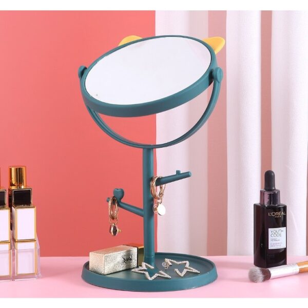 Oglina Cosmetica cu Picior, , HD, Rotire 360 Grade, 15 cm Diametru, Suport Bijuterii Baza Rotunda + 2 Brate, Model cu Urechi, 31 x 14.5 x 15 cm, din Plastic, Albastru/Galben - imagine 4