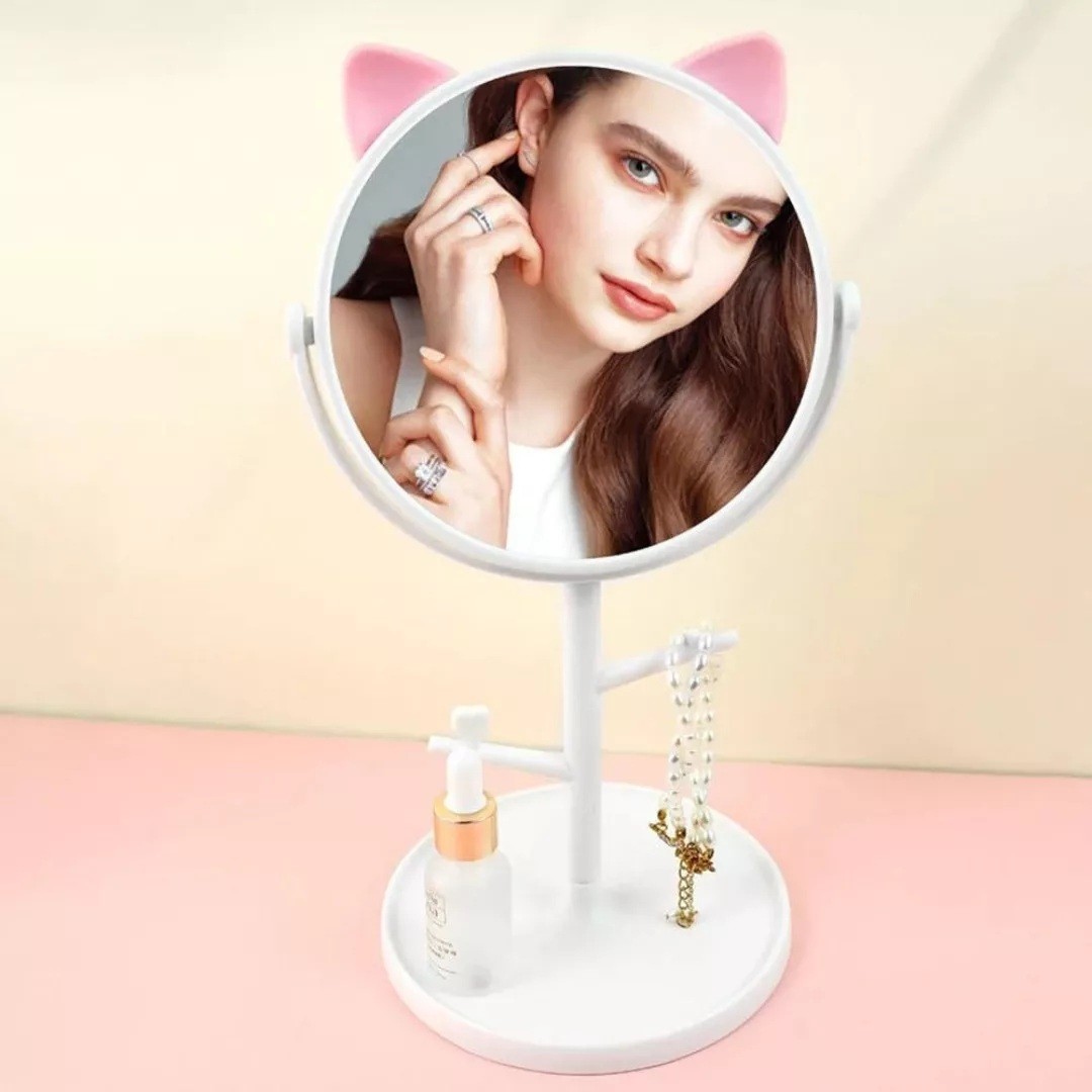 Oglina Cosmetica cu Picior, , HD, Rotire 360 Grade, 15 cm Diametru, Suport Bijuterii Baza Rotunda + 2 Brate, Model cu Urechi, 31 x 14.5 x 15 cm, din Plastic, Alb - imagine 2