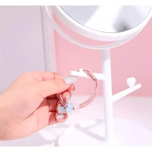 Oglina Cosmetica cu Picior, , HD, Rotire 360 Grade, 15 cm Diametru, Suport Bijuterii Baza Rotunda + 2 Brate, Model cu Urechi, 31 x 14.5 x 15 cm, din Plastic, Alb - imagine 3