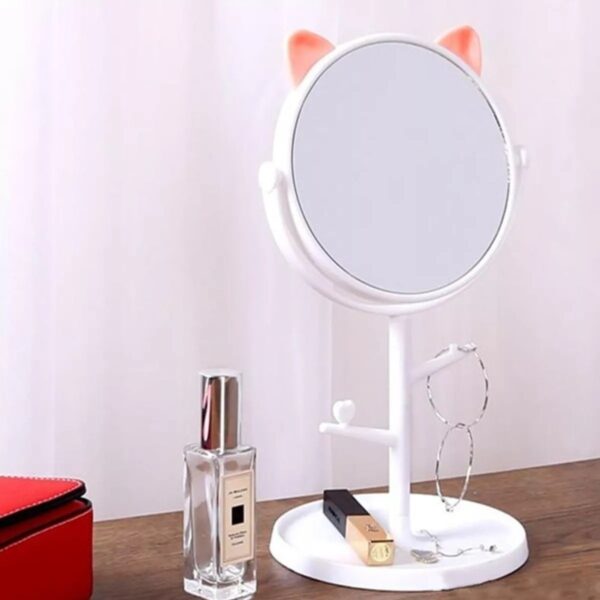 Oglina Cosmetica cu Picior, , HD, Rotire 360 Grade, 15 cm Diametru, Suport Bijuterii Baza Rotunda + 2 Brate, Model cu Urechi, 31 x 14.5 x 15 cm, din Plastic, Alb - imagine 4