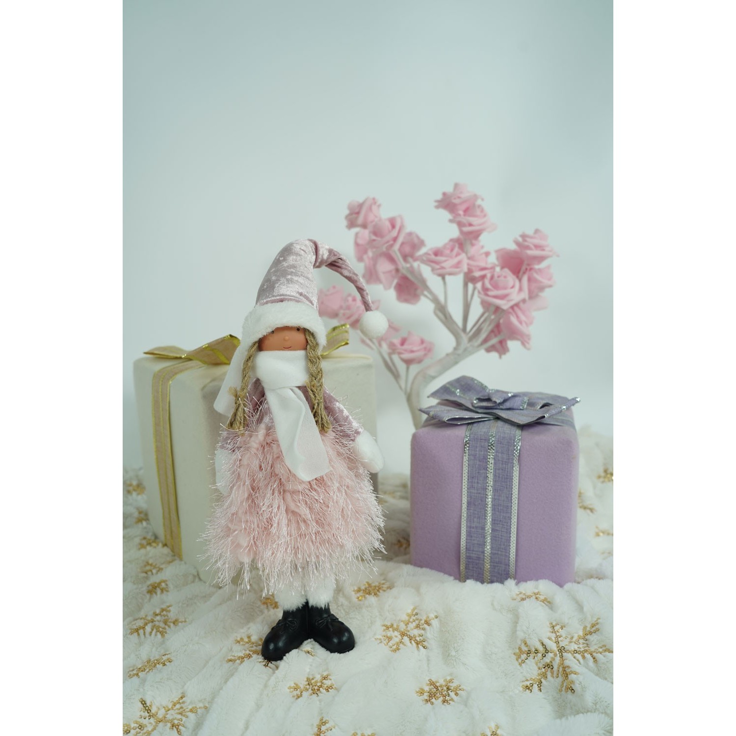Ornament de Craciun papusa, , roz/alb, textil, 44 cm - imagine 3