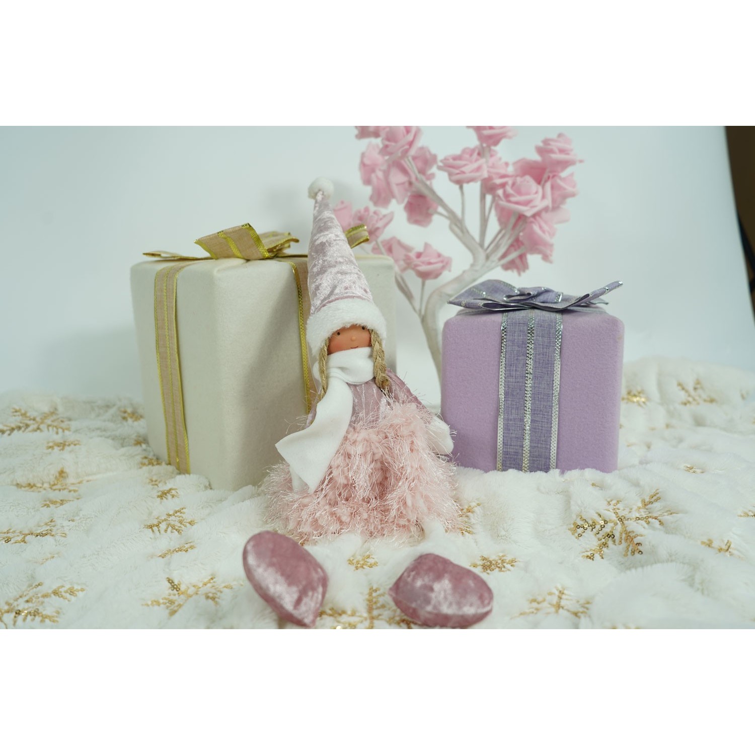 Ornament de Craciun papusa, , roz/alb, textil, 50 cm - imagine 3