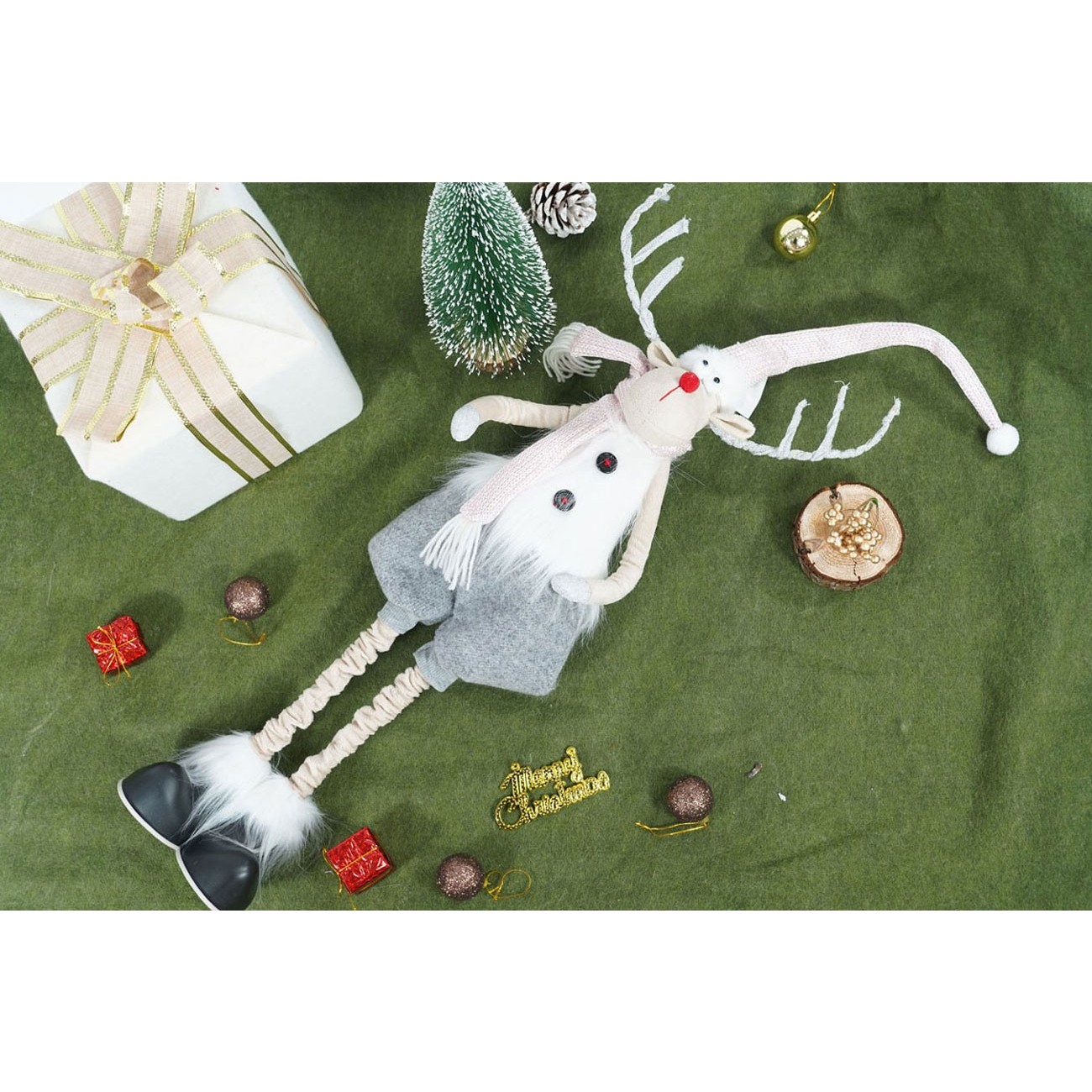 Ornament de Craciun ren cu picioare telescopice, , gri/alb, textil, 100 cm - imagine 4