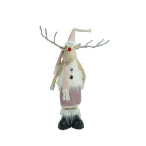 Ornament de Craciun ren cu picioare telescopice, , roz/alb, textil, 72 cm