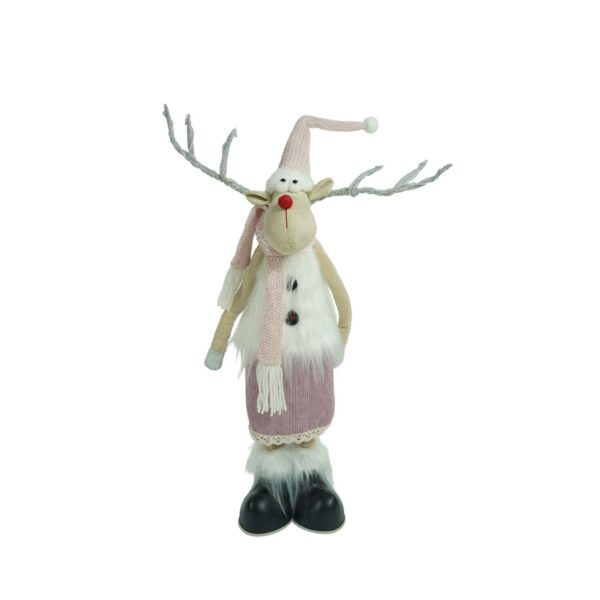 Ornament de Craciun ren cu picioare telescopice, , roz/alb, textil, 72 cm