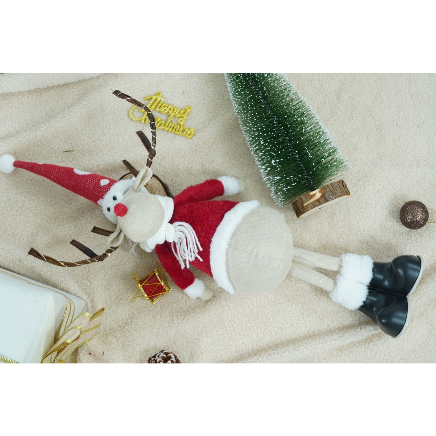 Ornament de Craciun ren, , rosu/alb, textil, 55 cm - imagine 4