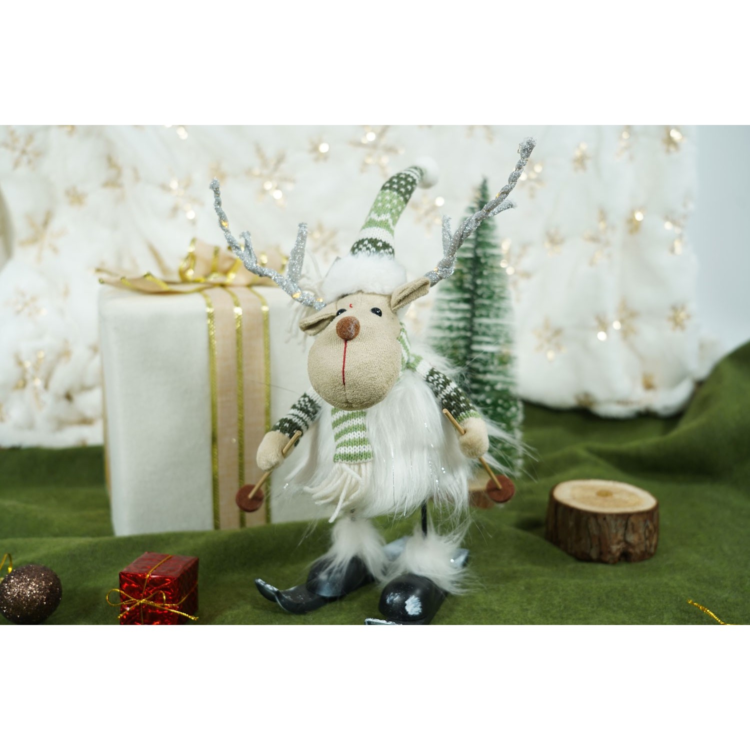 Ornament de Craciun ren pe schiuri, , alb/verde, textil, 33 cm - imagine 3