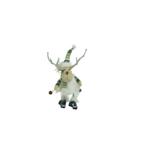Ornament de Craciun ren pe schiuri, , alb/verde, textil, 33 cm