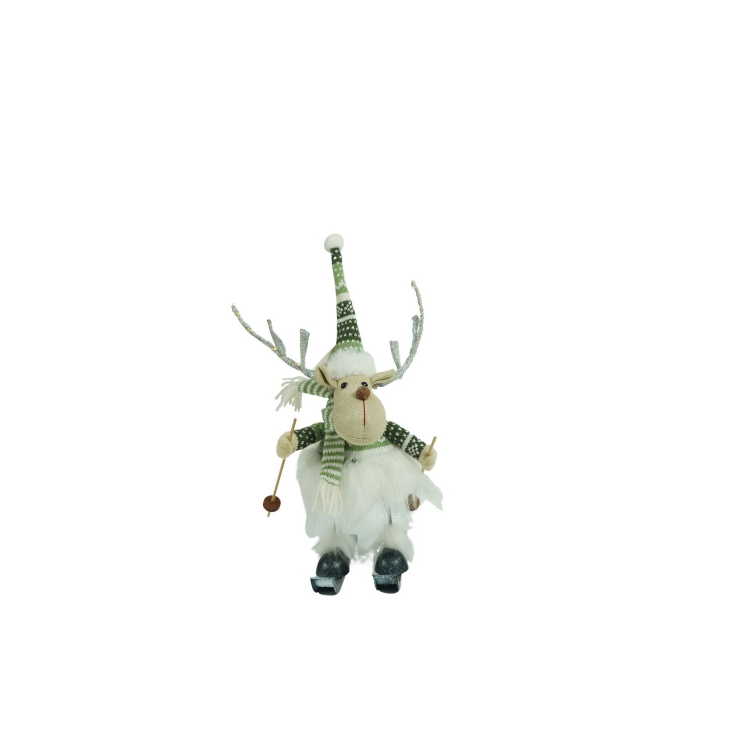 Ornament de Craciun ren pe schiuri model 2, , alb/verde, textil, 33 cm - imagine 2