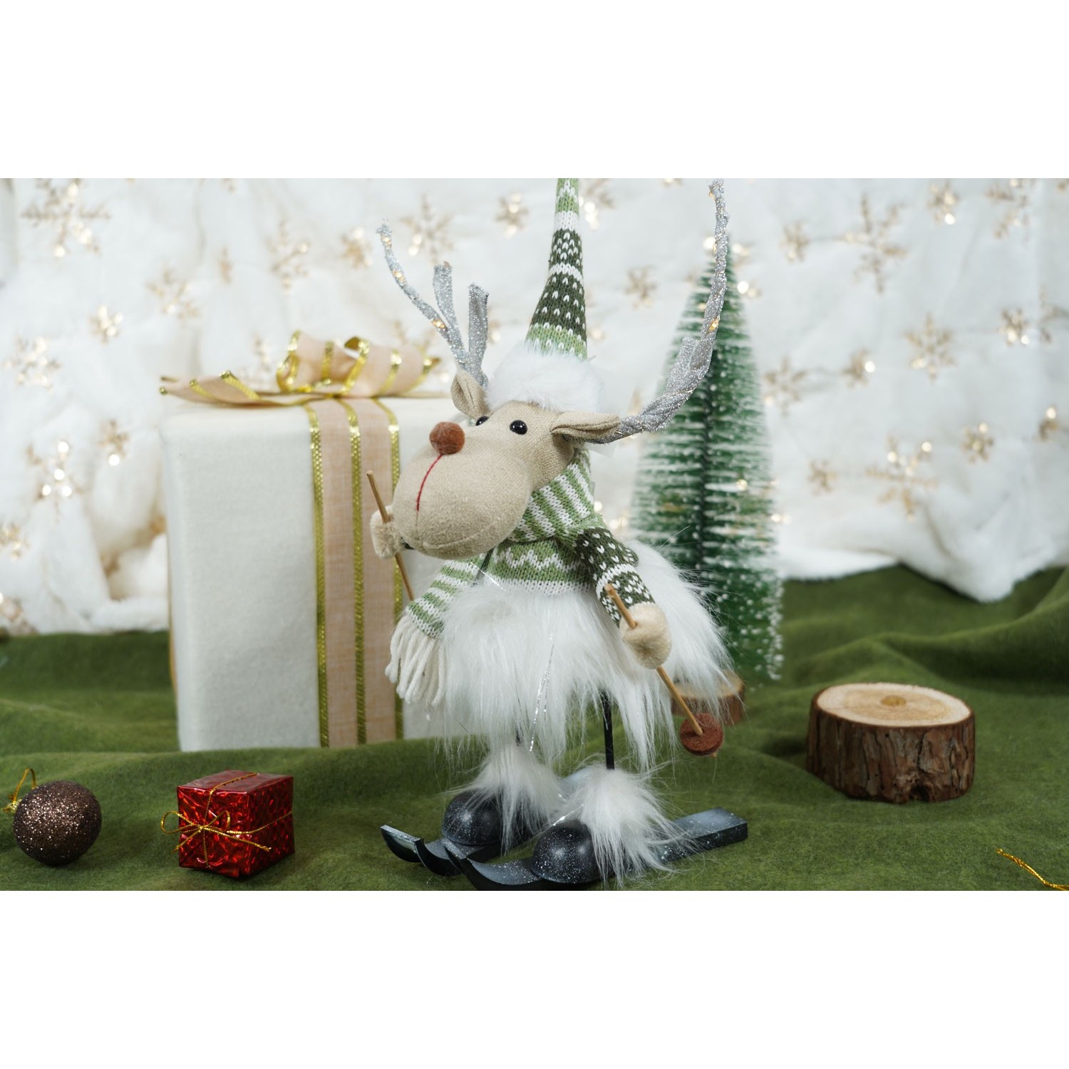 Ornament de Craciun ren pe schiuri model 2, , alb/verde, textil, 33 cm - imagine 3