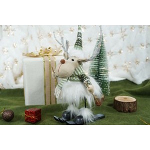 Ornament de Craciun ren pe schiuri model 2, , alb/verde, textil, 33 cm - imagine 4