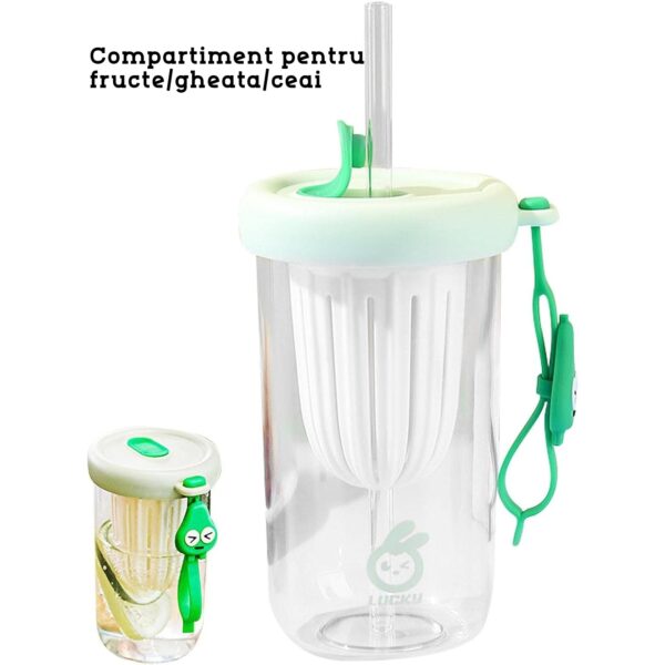Pahar din silicon, cu capac si pai, pentru copii, , anti-cadere, compartiment pentru fructe/ceai/gheata, rezistent la temperaturi inalte, 500ml, Verde, 14.5x8.8x20 cm - imagine 2