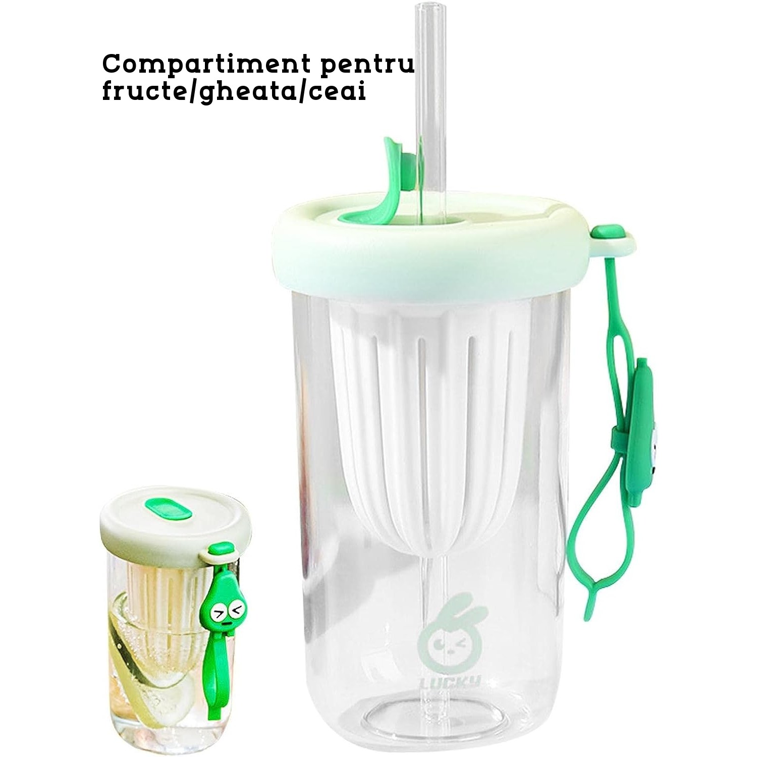 Pahar din silicon, cu capac si pai, pentru copii, , anti-cadere, compartiment pentru fructe/ceai/gheata, rezistent la temperaturi inalte, 500ml, Verde, 14.5x8.8x20 cm - imagine 2
