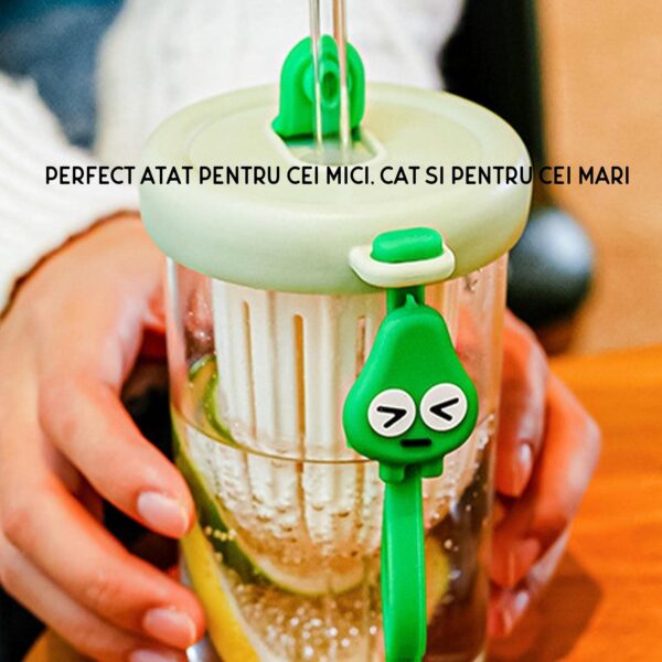 Pahar din silicon, cu capac si pai, pentru copii, , anti-cadere, compartiment pentru fructe/ceai/gheata, rezistent la temperaturi inalte, 500ml, Verde, 14.5x8.8x20 cm - imagine 3
