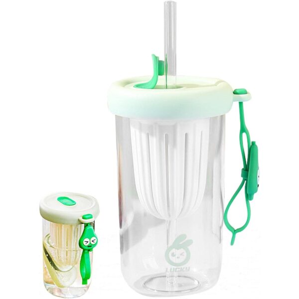 Pahar din silicon, cu capac si pai, pentru copii, , anti-cadere, compartiment pentru fructe/ceai/gheata, rezistent la temperaturi inalte, 500ml, Verde, 14.5x8.8x20 cm - imagine 4