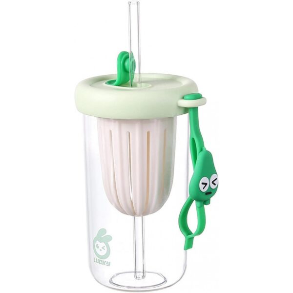 Pahar din silicon, cu capac si pai, pentru copii, , anti-cadere, compartiment pentru fructe/ceai/gheata, rezistent la temperaturi inalte, 500ml, Verde, 14.5x8.8x20 cm