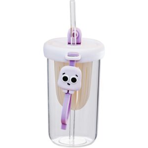 Pahar din silicon, cu capac si pai, pentru copii, , anti-cadere, compartiment pentru fructe/ceai/gheata, rezistent la temperaturi inalte, 500ml, Mov, 14.5x8.8x20 cm