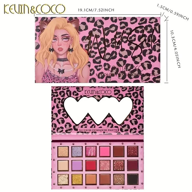 Paleta de farduri Kevin&Coco, 18 nuante, imprimeu leopard-print roz, oglinda interioara, dreptunghiulara, 19 x 10 cm, 180 g, multicolor - imagine 3